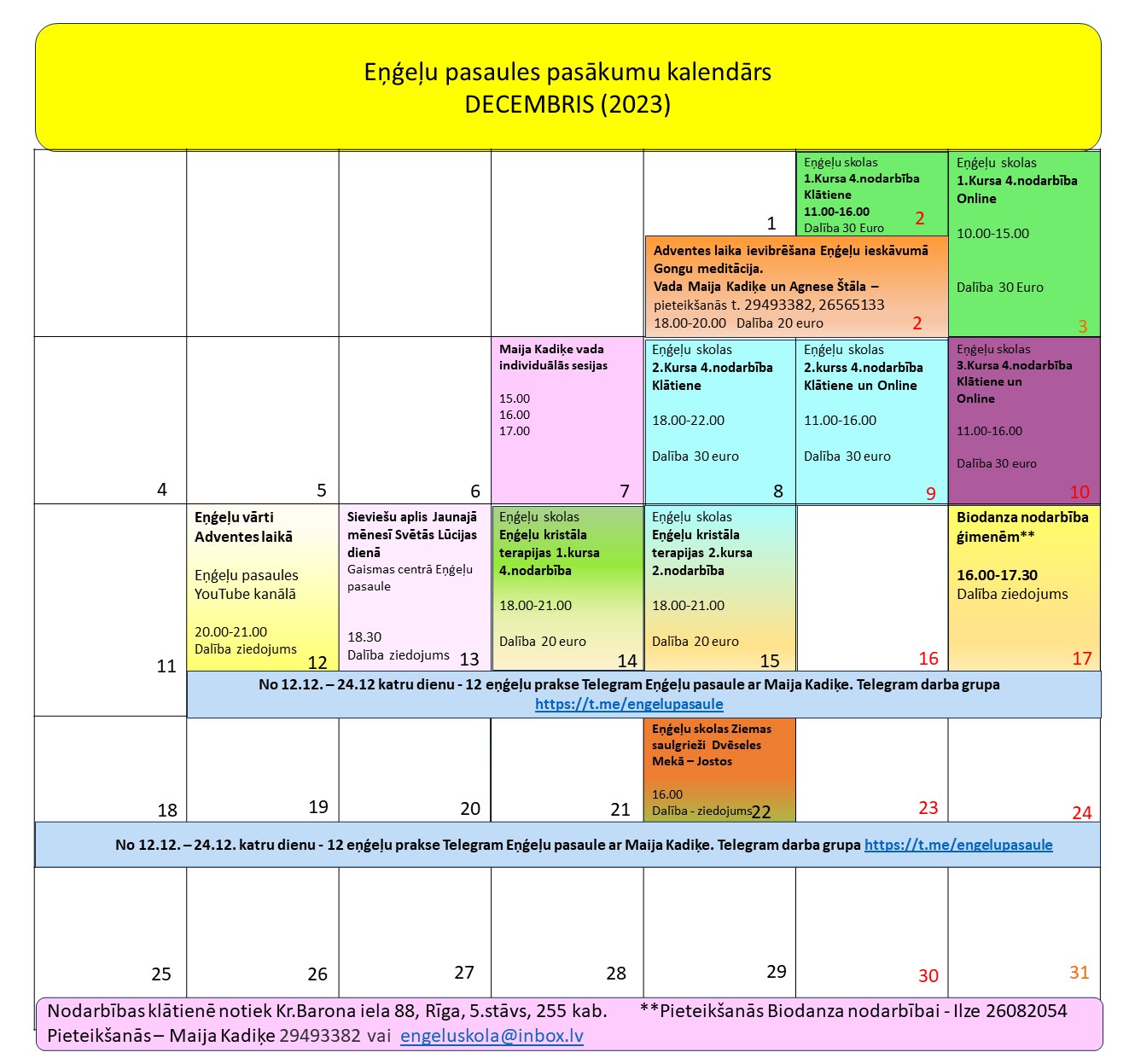 Eņģeļu pasaules pasākumu kalendārs decembra mēnesim