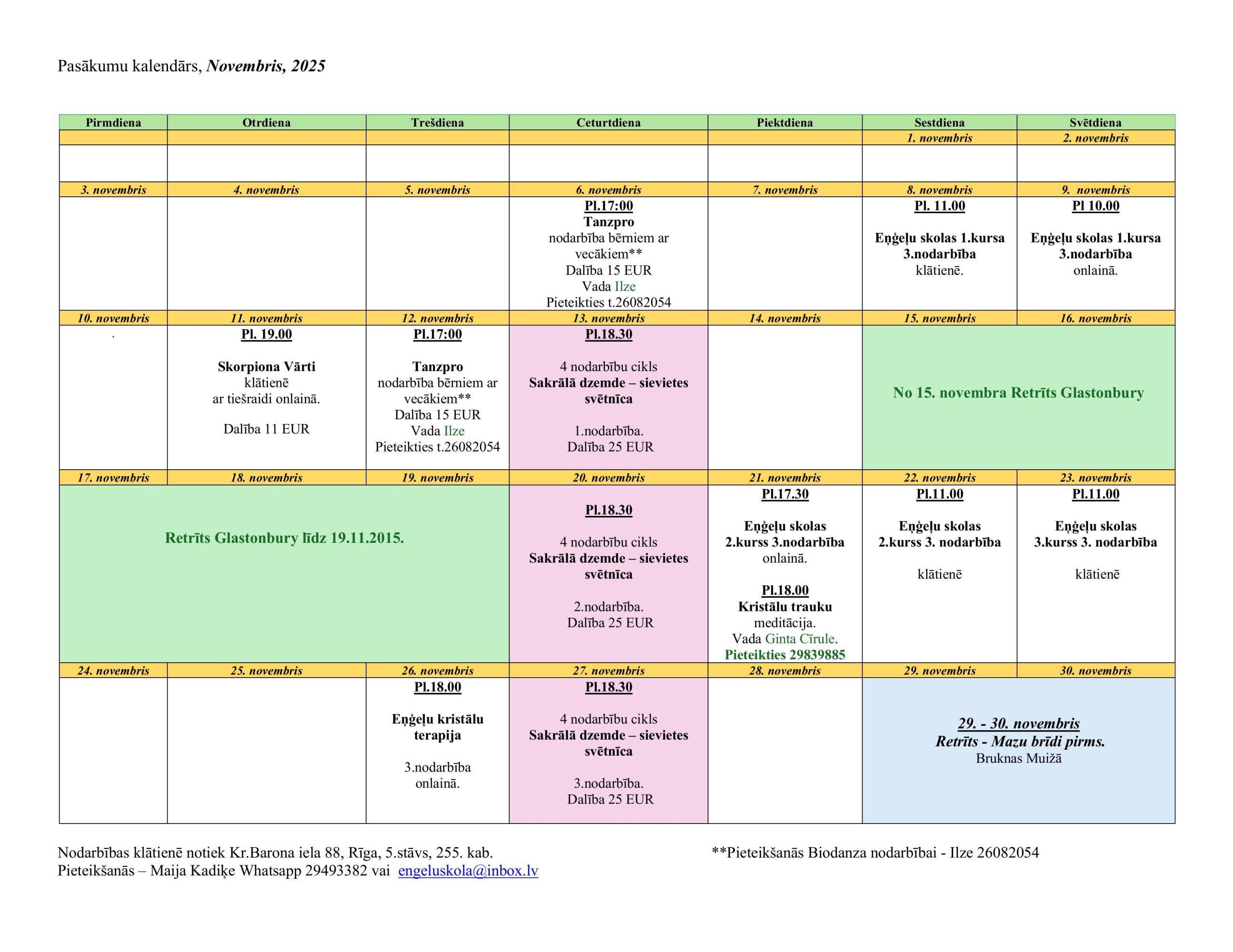 Nodarbību kalendārs Novembrim!