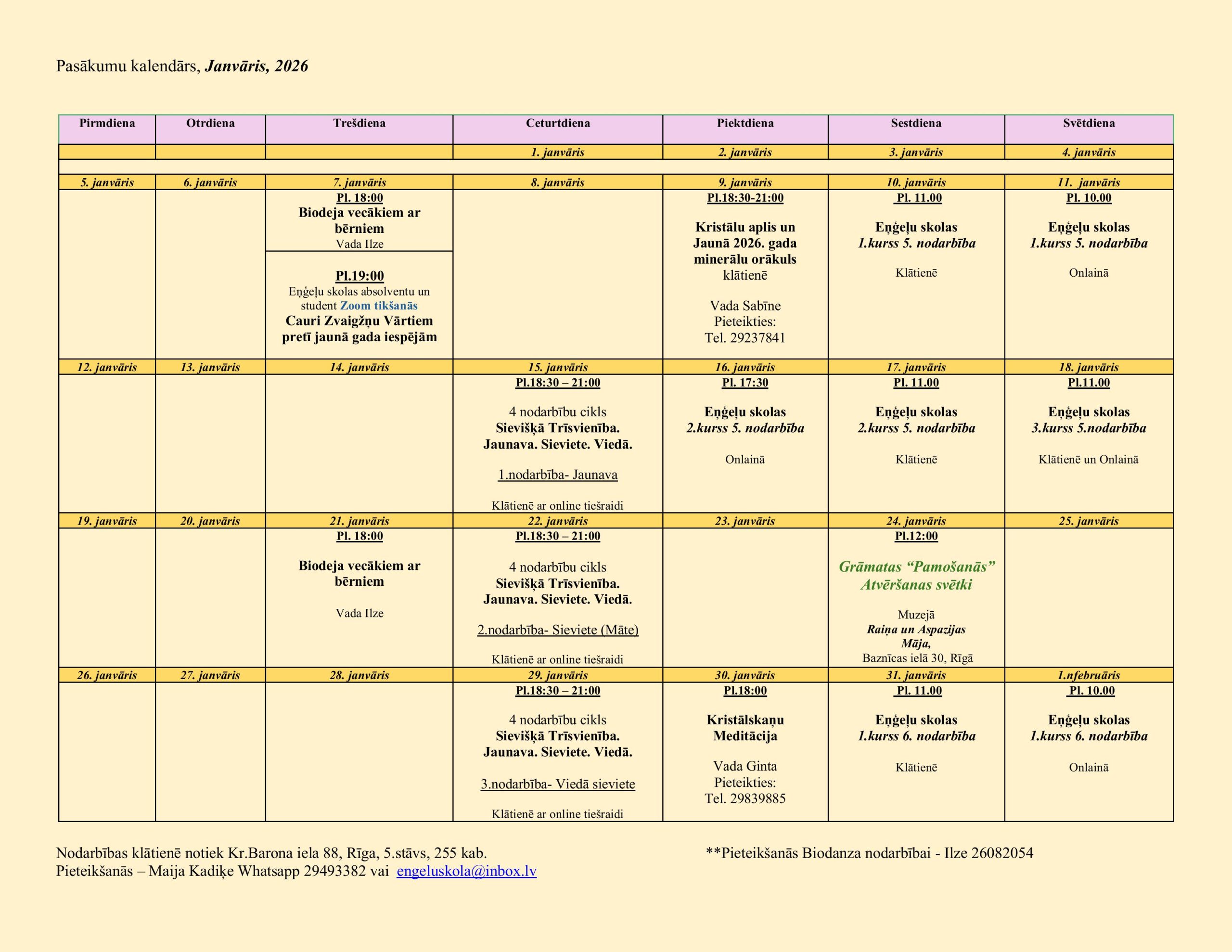 Nodarbības Janvārī 2026